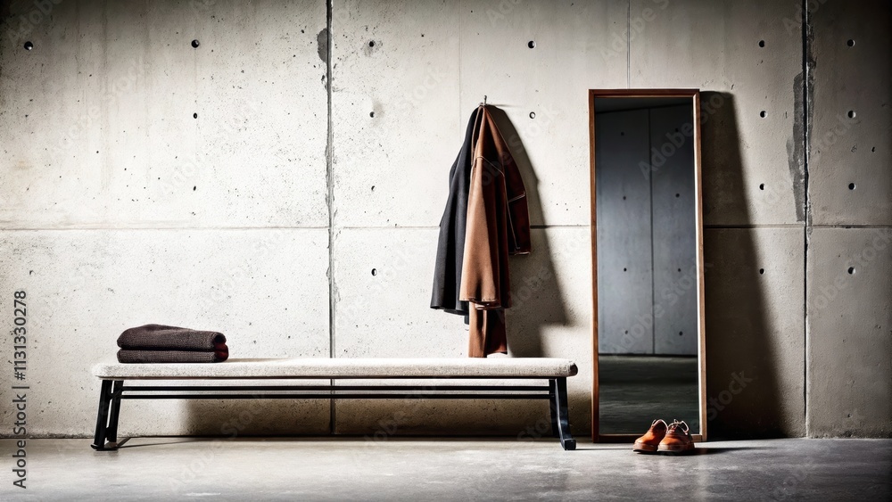 Poster a compact entryway showcasing a concrete bench and a large mirror set against a rough concrete wall.