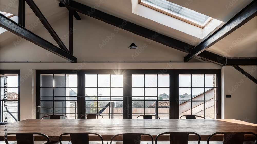 Poster a lightfilled dining area with a long reclaimed wood table surrounded by simple metal chairs offerin