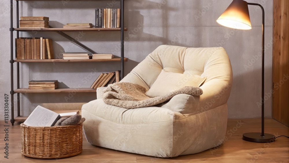 Poster a cozy reading corner featuring a soft oversized armchair in sandy beige a woven basket filled with 