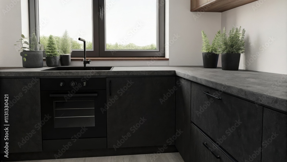 Poster A minimalist kitchen with cabinetry crafted from recycled materials a countertop made of polished concrete and energyefficient appliances all surrounded by potted herbs on a sunny