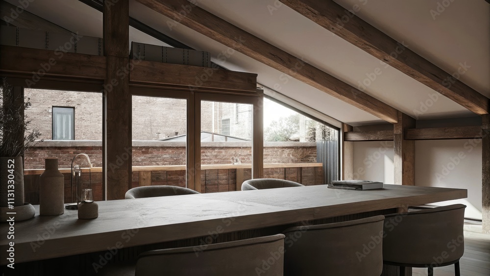 Poster An airy loftstyle layout integrates a lounge and a dining space highlighted by an elongated barstyle table sculptural chairs and a few carefully p decorative objects all basking in
