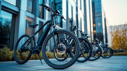 Obraz premium A row of parked electric bicycles in front of a modern office building, with clean, sharp lines in the background.