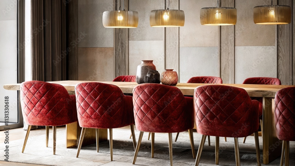 Poster A chic dining area with a long reclaimed wood table surrounded by mismatched handcrafted chairs decorated with a centerpiece of artisan pottery and soft ambient lighting from