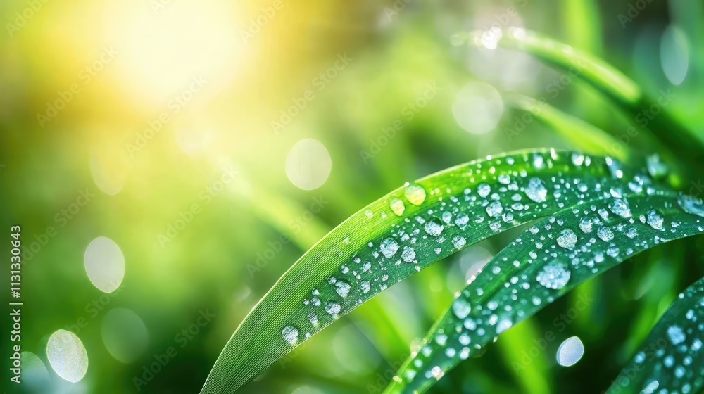 Poster closeup of dew-covered green fern leaf with blurred vibrant background and sunlight creating a seren