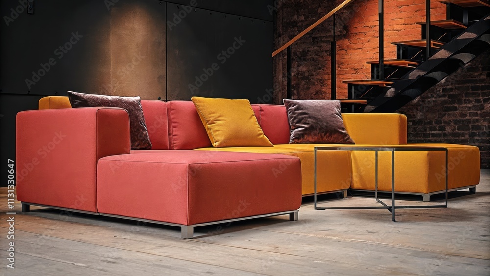 Poster A multifunctional loft space defined by an open layout featuring a modern sectional sofa with contrasting metallic throw pillows a polished metal coffee table and subtle industrial