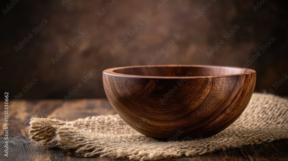 Poster rustic wooden bowl elegantly placed on burlap cloth against a dark textured background showcasing na