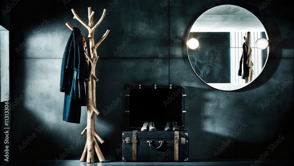 Poster a stylish entryway showcasing a unique handmade coat rack made from driftwood a vintage trunk servin
