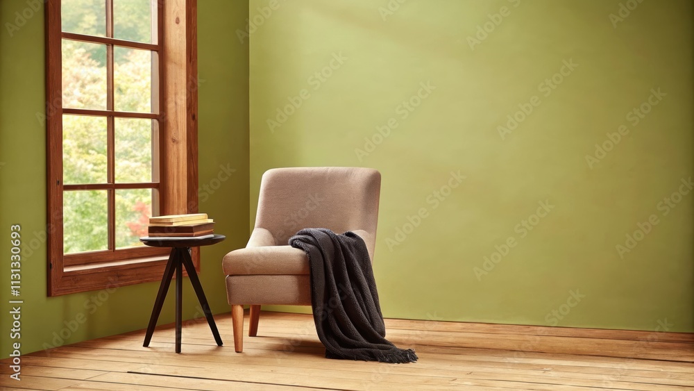 Aufkleber a cozy reading nook tucked by a window with a plush grey armchair and a small black side table adorn