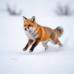 Obraz premium Alert red fox running through snow-covered landscape