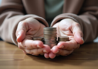 elderly hands stack coins care symbolizing savings financial management skills