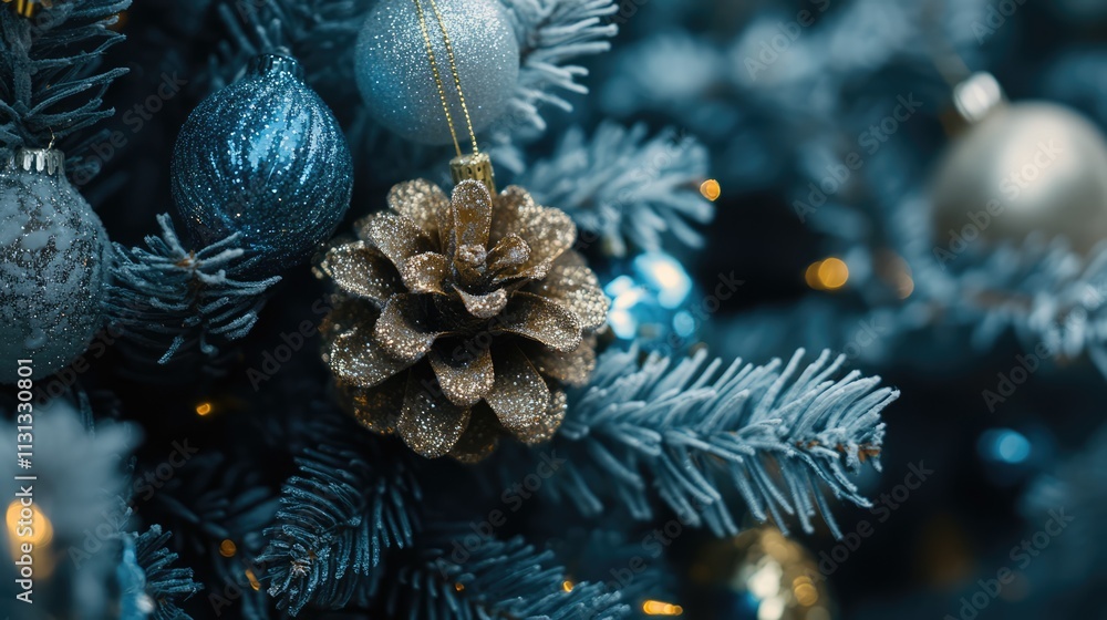 Aufkleber Festive close-up of Christmas tree decorations featuring colorful ornaments and a sparkling gold pine cone amidst frosted branches