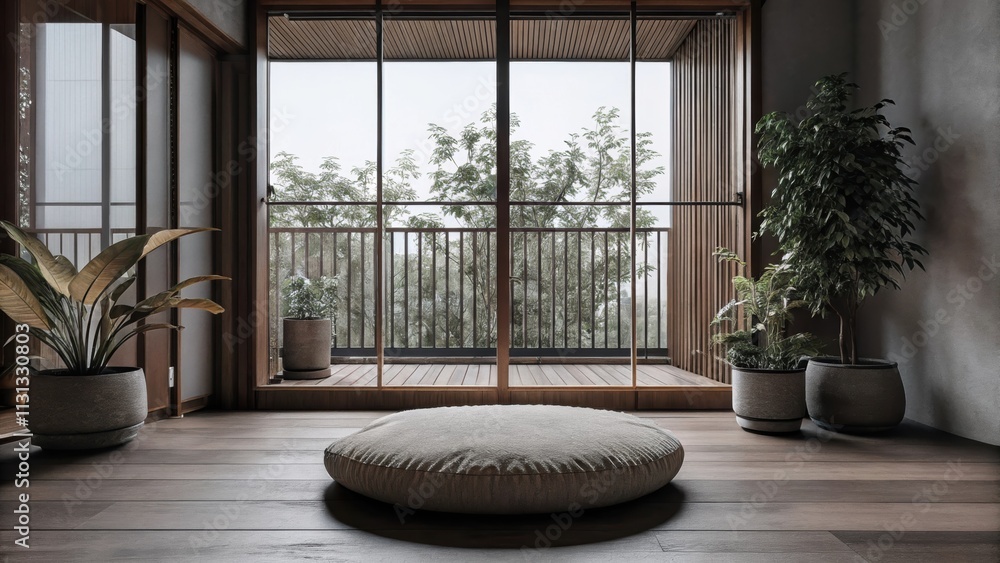 Poster a zeninspired meditation space is created with a round cushion on a hardwood floor framed by potted 