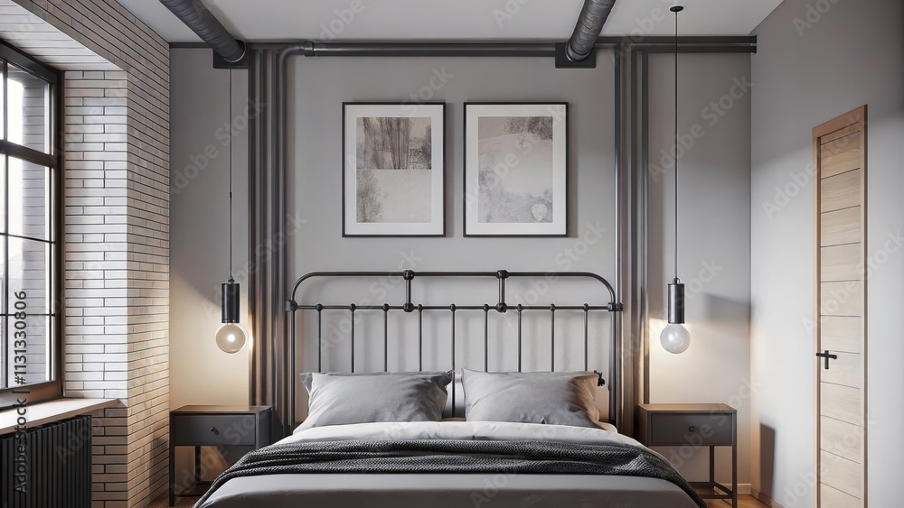 Poster a tranquil bedroom adorned with a large metal bed frame sleek bedside tables and minimalist art on t