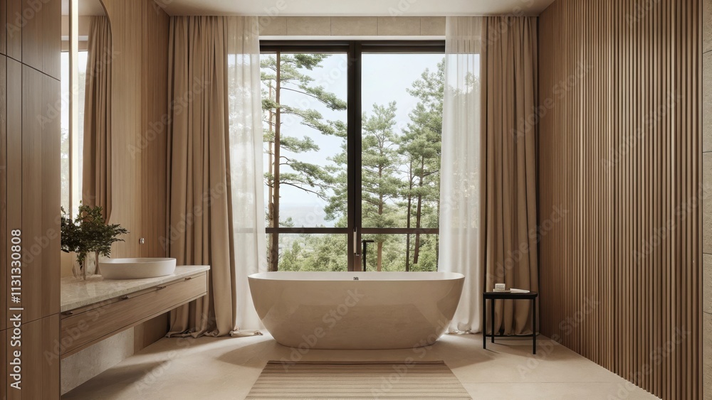Poster the bathroom features a freestanding soaking tub with an unobtrusive wooden surround under a large w