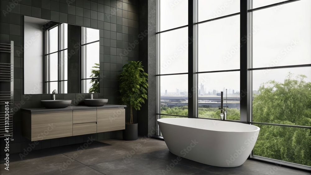 Poster A sleek modern bathroom with a freestanding bathtub concrete tiles and an unobtrusive sink cabinet enhanced by large mirrors and a window that offers a view of the surrounding