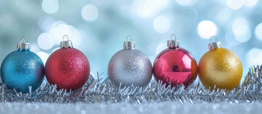 Poster colorful christmas ornaments in a row with silver garland and shimmering background creating a festi