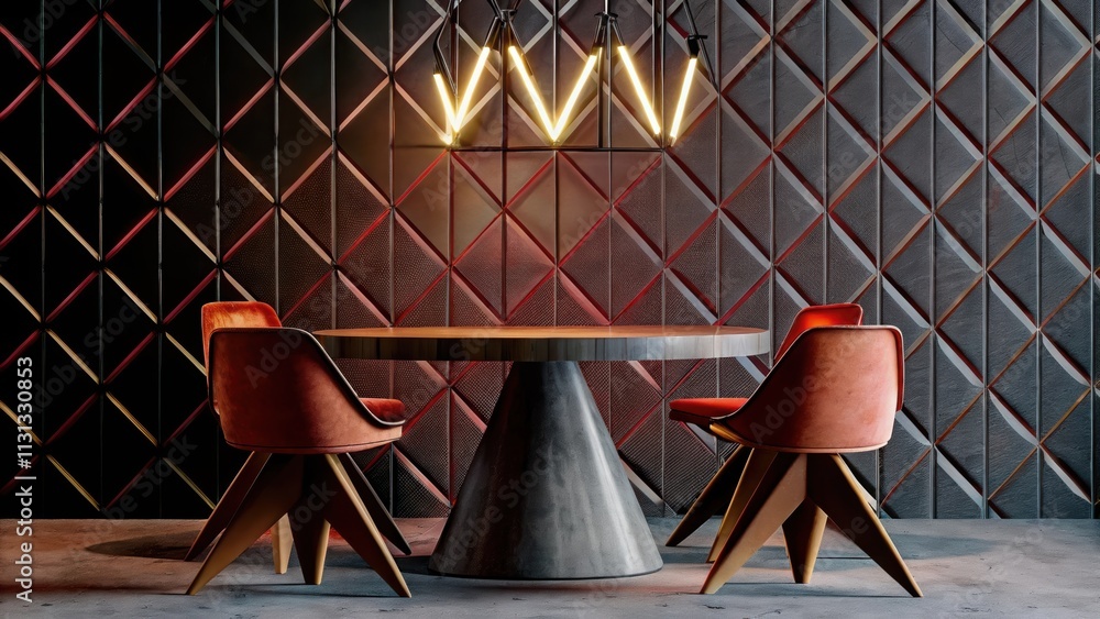 Poster The dining room showcases a round table with a triangular pedestal base surrounded by triangleshaped chairs. Bright angular lighting fixtures hang overhead casting playful shadows