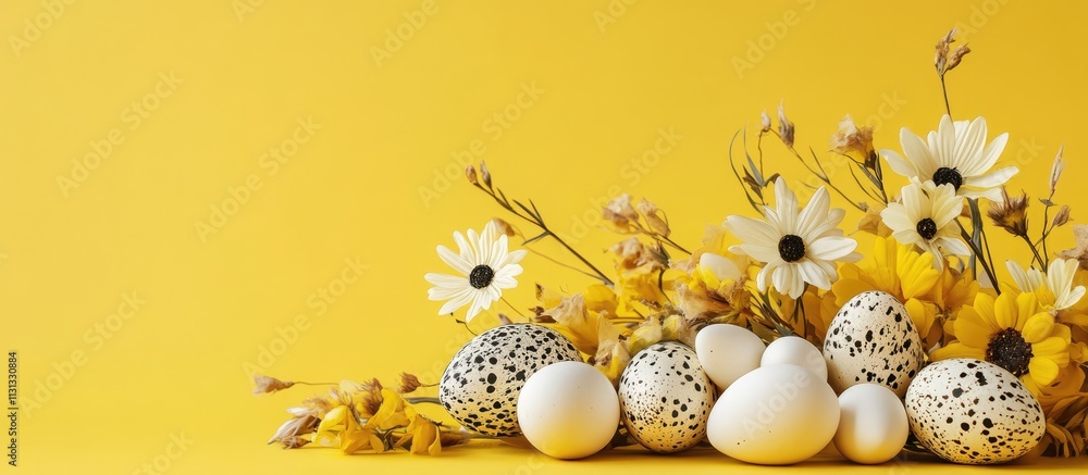 Poster quail eggs arranged with artificial flowers on a bright yellow backdrop showcasing a cheerful spring
