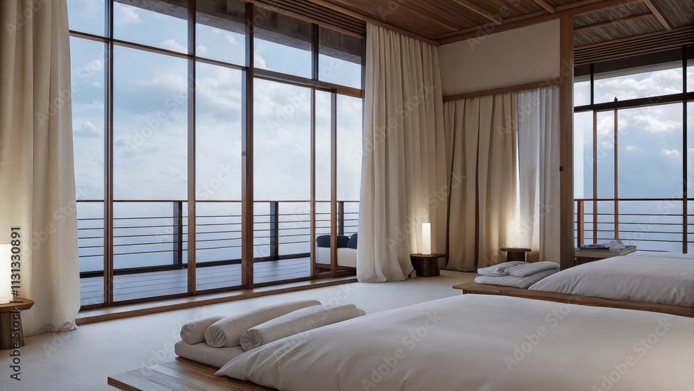 Poster a serene bedroom featuring expansive windows that frame the view of the sky d natural light over a t