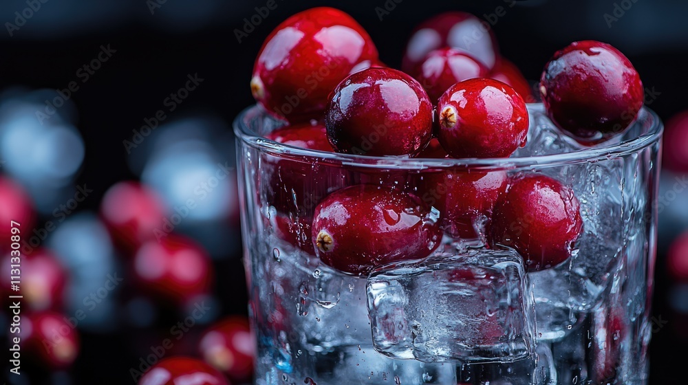 Poster Fresh cranberries in a glass with ice cubes and vodka on a dark background capturing refreshing beverage essence.