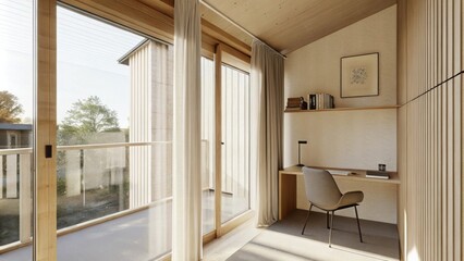 Fototapeta premium An airy office space overlooking the main floor furnished with a simple wooden desk a comfortable ergonomic chair and minimalistic wall art. A small shelf displays essentials while