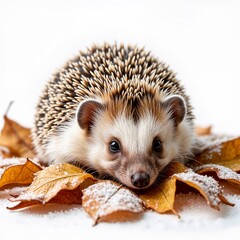 Obraz premium Cute hedgehog on autumn leaves with snow