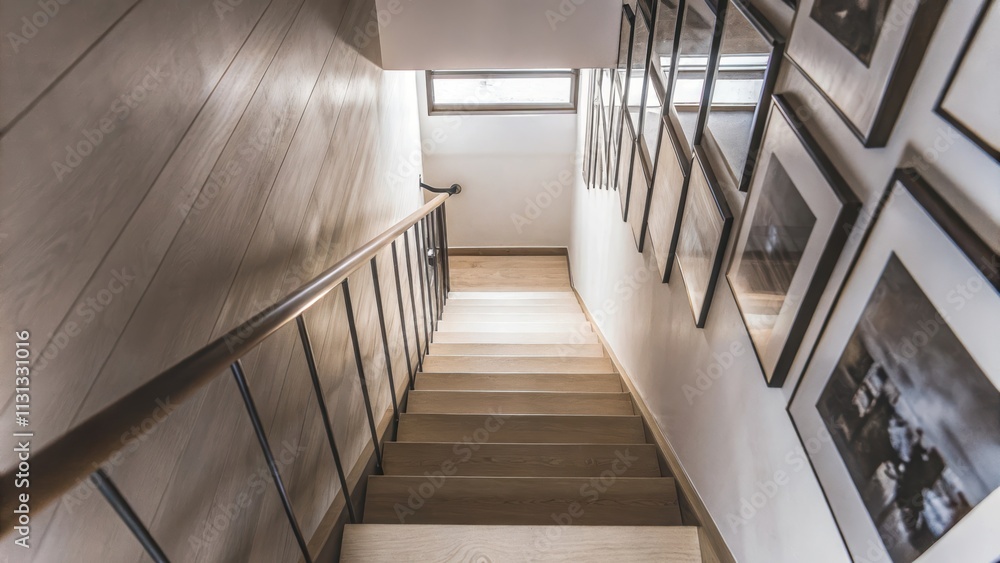 Poster a narrow staircase leading to the mezzanine made of light wood and complemented by a simple metal ra