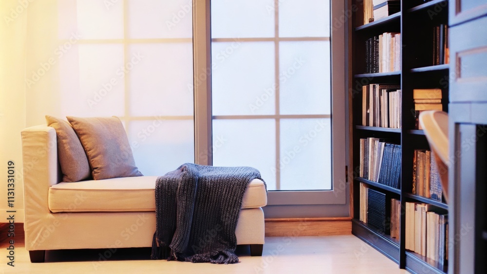 Aufkleber A serene reading nook set near a tall window with a tall bookshelf filled with books and a comfortable chaise lounge draped with a knitted throw. Soft diffused light creates a
