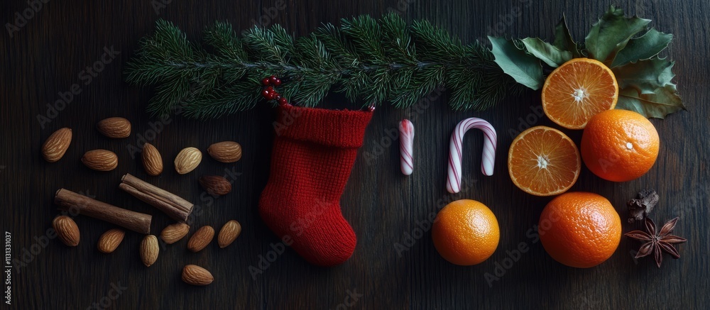 Poster christmas stocking surrounded by tangerines candy canes almonds cinnamon and fir branches on rustic 