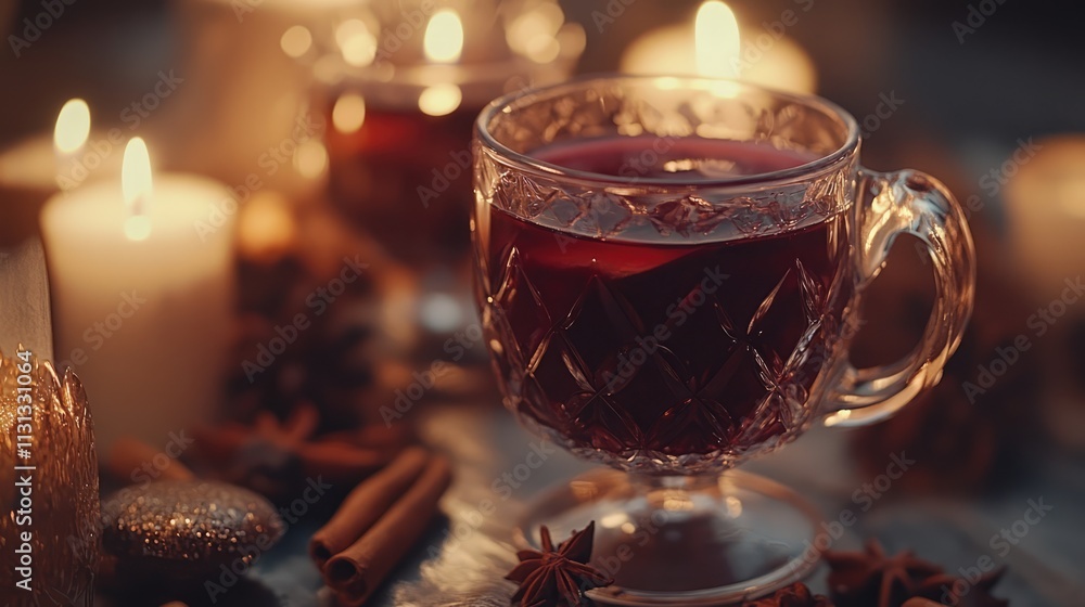Poster cozy close up of aromatic mulled wine in a crystal mug surrounded by candles and spices perfect for 
