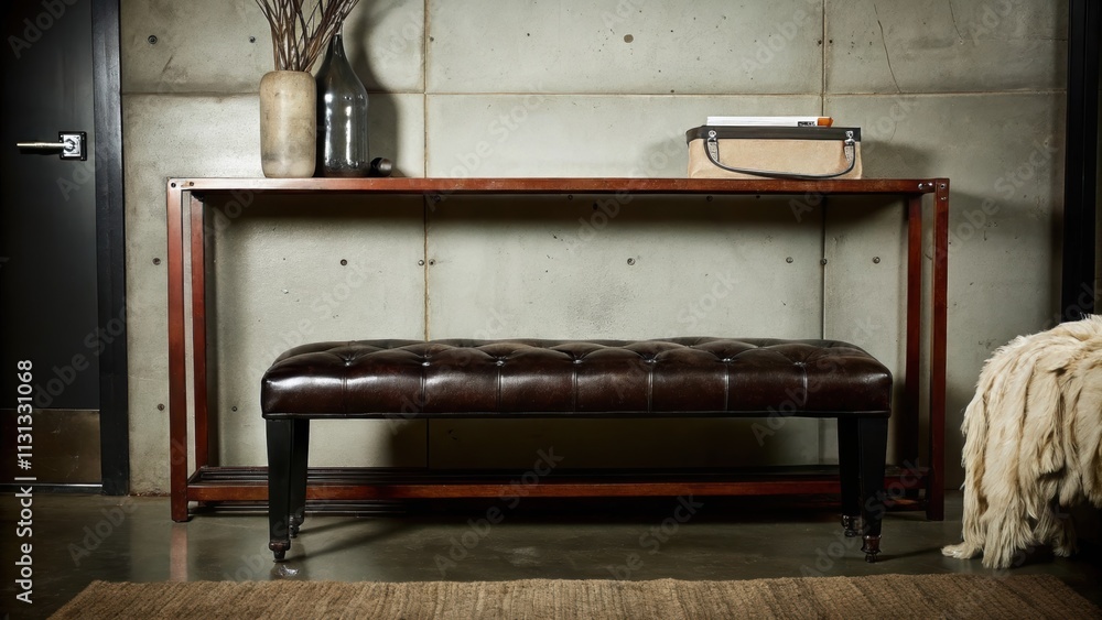 Poster An entryway with a deep leather bench against a rustcolored metal console table adorned with minimal decor set against brushed concrete walls that provide an edgy aesthetic.