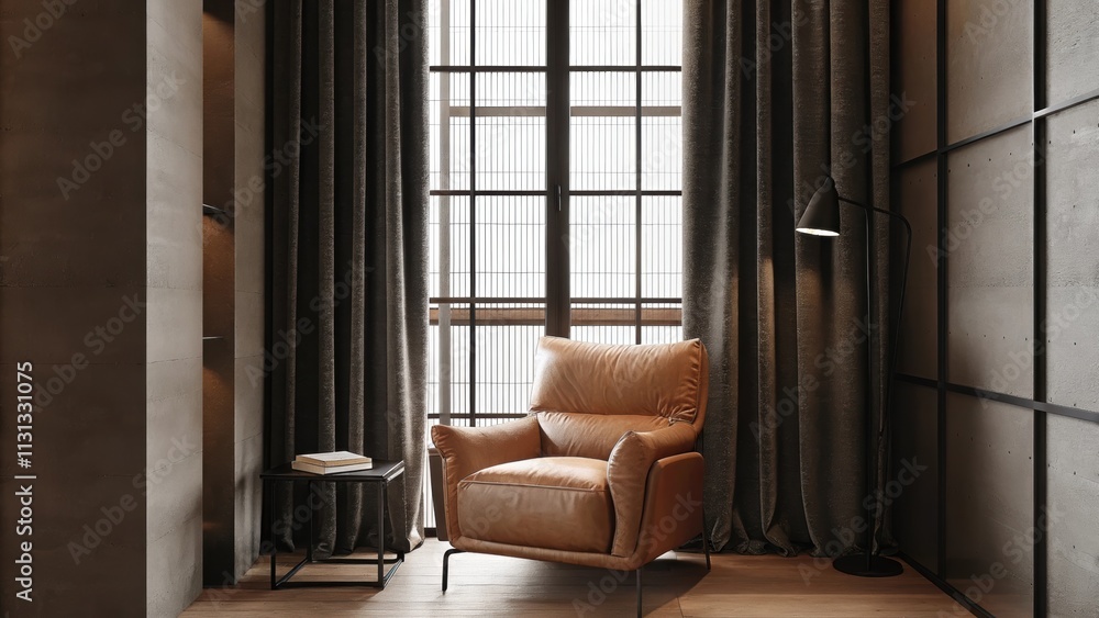 Poster a cozy reading nook designed with a plush leather armchair nestled beside a metal side table set ben