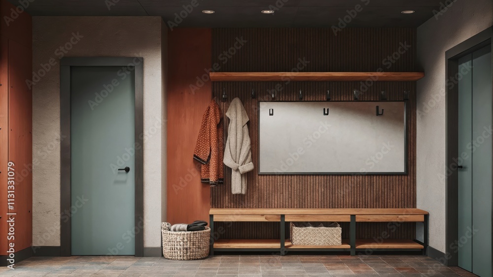 Poster a functional entryway with a weathered wood bench a large mirror in an industrial black frame and ho
