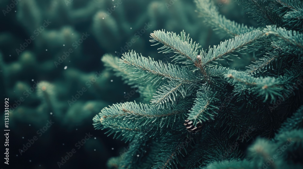 Poster festive close-up of christmas tree branches with soft snowfall effect suitable for holiday themes an