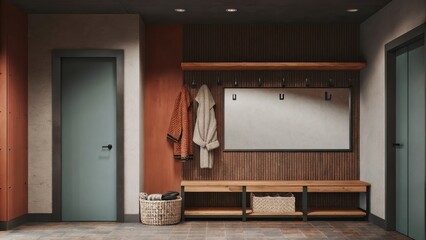 A functional entryway with a weathered wood bench a large mirror in an industrial black frame and hooks made from old plumbing parts accented by a woven basket filled with