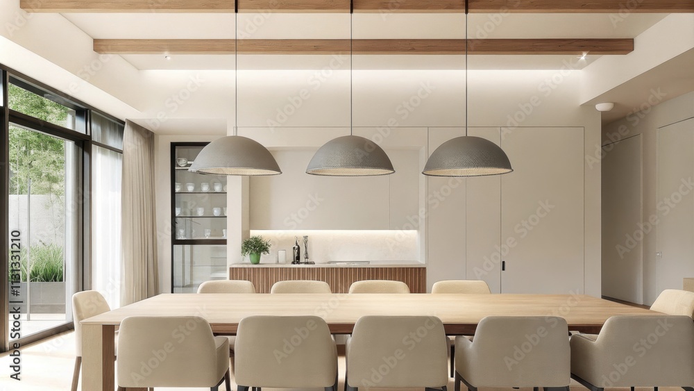 Aufkleber An open dining space with a long taupe table surrounded by beige upholstered chairs. Soft grey pendant lights hang above casting a warm glow over the minimalist decor.