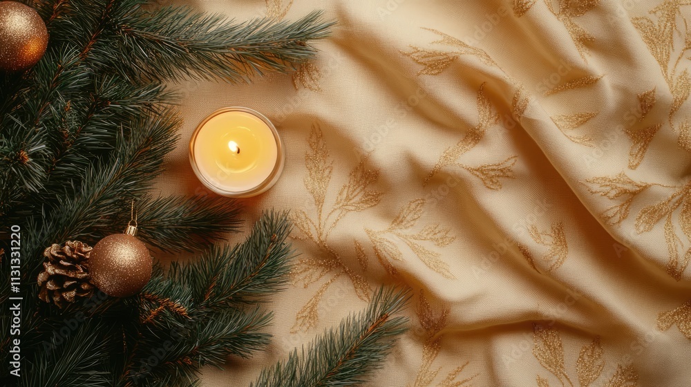 Aufkleber christmas tree branches adorned with ornaments and a candle on a soft golden fabric background for a