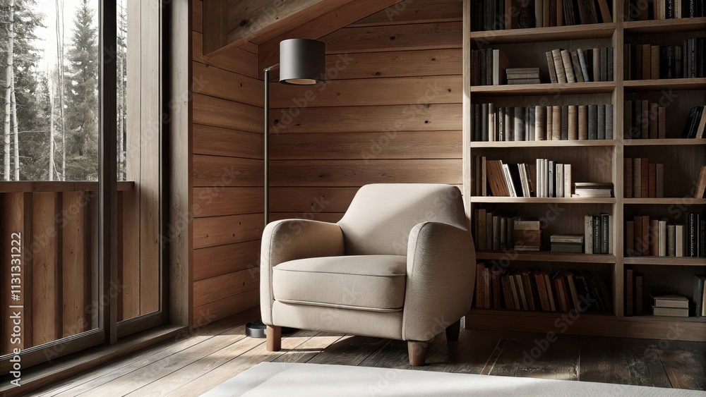 Poster a cozy reading nook embellished with a taupe armchair and a grey floor lamp set beside a beige books