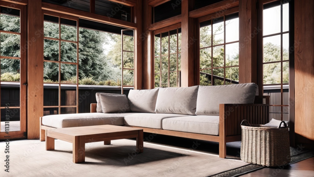 Aufkleber a bright sunroom with large windows featuring a taupe loveseat and a beige coffee table surrounded b