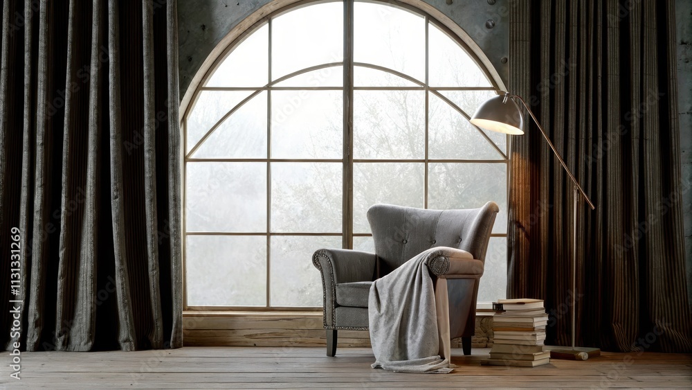 Poster a cozy reading nook featuring a plush grey armchair and a vintage metal side table nestled under a l