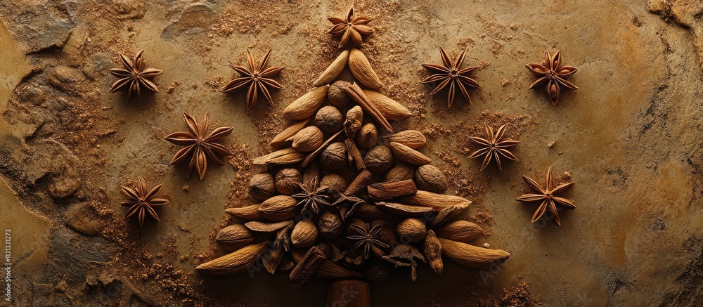 Poster Christmas tree design made from nuts cinnamon and anise arranged beautifully on a rustic surface viewed from above