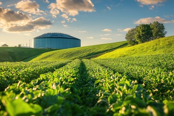 Biogas plant surrounded by lush green fields under a clear sky with soft clouds