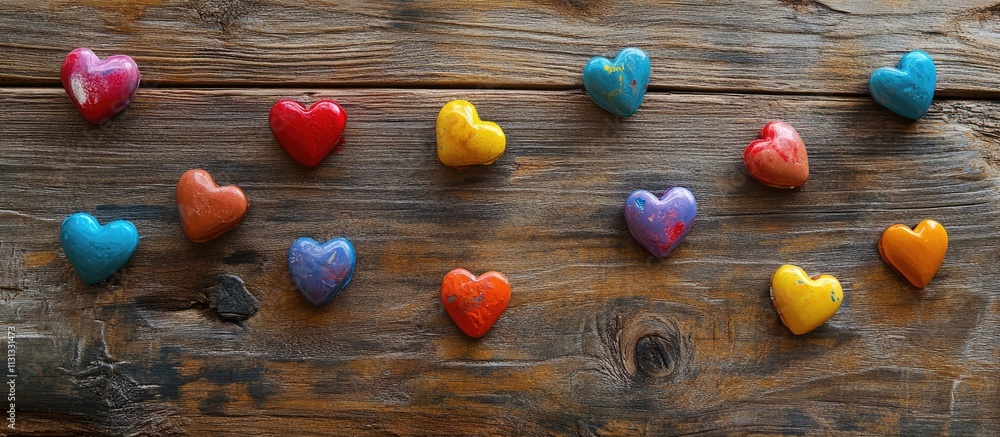 Aufkleber colorful candy hearts arranged on a rustic wooden surface creating a cheerful and vibrant background