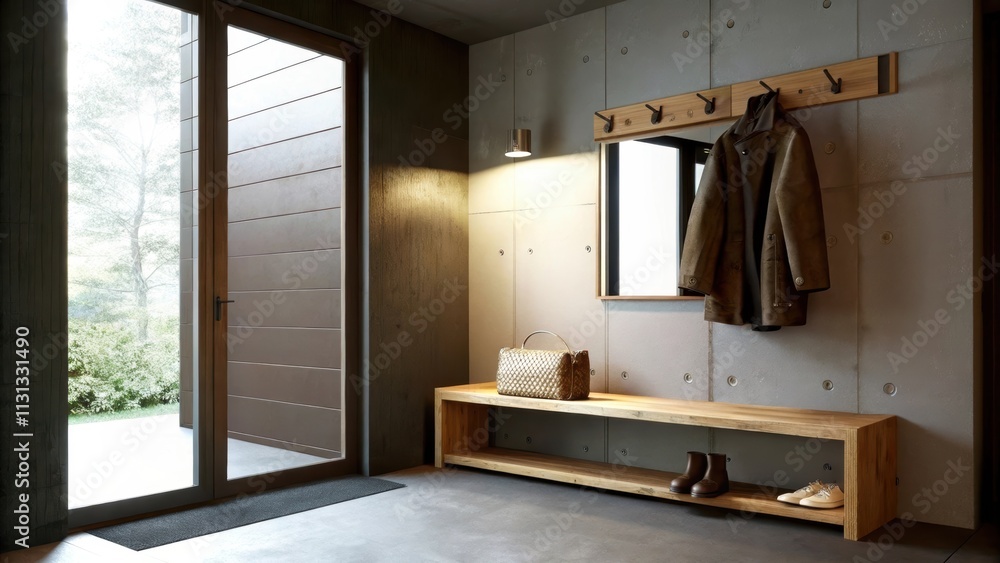 Aufkleber A minimal entryway includes a simple bench made of reclaimed wood with hooks for jackets mounted on a concrete wall. A narrow console table holds a few decorative items while a