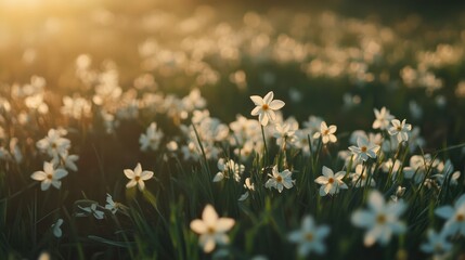 Obraz premium Sunlit field of delicate white narcissus flowers with soft focus background showcasing their natural beauty in a serene landscape scene