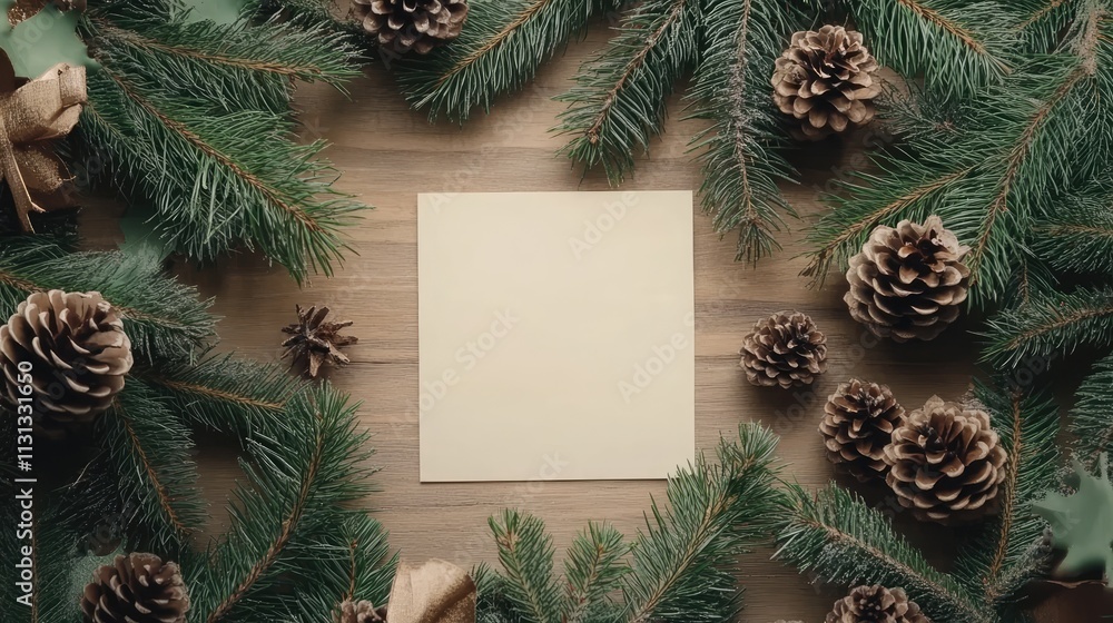 Poster christmas decoration flat lay with blank card surrounded by pine cones and evergreen branches on a r
