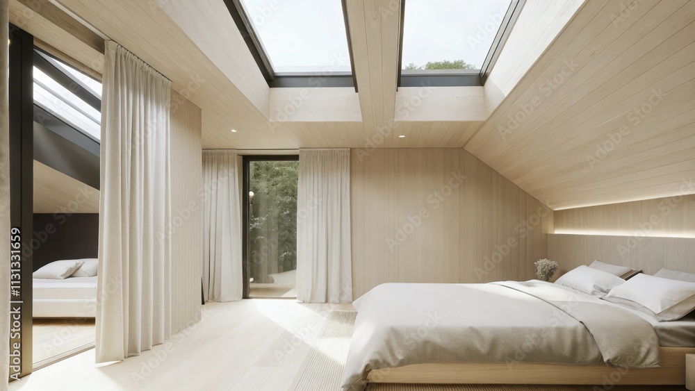 Poster a modern bedroom with a high ceiling where the natural light from several skylights enhances the air