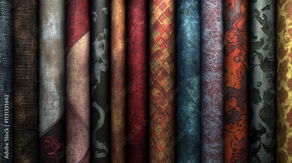 Poster textured fabric rolls showcasing rich patterns and colors for interior design and textile projects