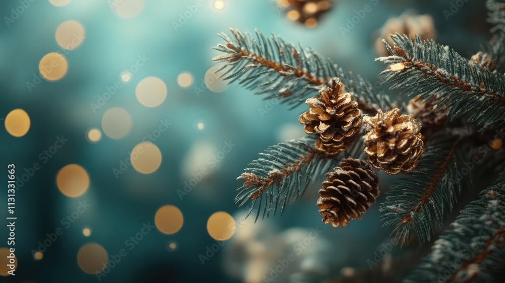 Aufkleber christmas tree branch adorned with pinecones and festive bokeh lights creating a warm holiday atmosp