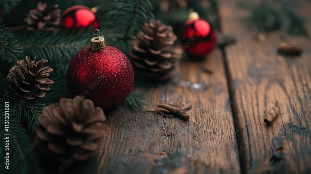 Aufkleber festive red christmas ornaments surrounded by pine cones on a rustic wooden table creating a warm ho